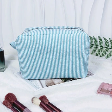etsy hot selling seersucker embroidered striped cosmetic bag for travel portable toilet storage cosmetic bag
