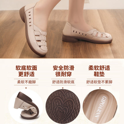 Mom's Shoes, Middle-Aged Women's Sandals, Summer Shoes for Middle-Aged and Elderly People, Breathable Leather Shoes, Flat Shoes, Non-Slip Soft-Soled Clogs