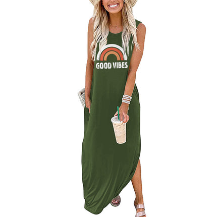 Spot Amazon Independent Station Ebay Women's Dress Good Vibes Rainbow Flap Pocket Pants Casual Sleeveless Long Skirt