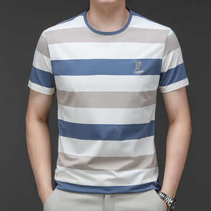 Famous Mouse Men's Summer New Cotton Pullover T-Shirt Men's Round Neck Striped Fashion Casual Short Sleeve Men's T-Shirt