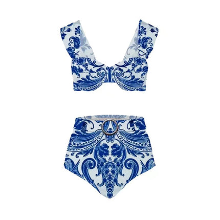 2024 New European and American High Waist Retro Printed Split Swimsuit Women's Hot Spring Holiday Beach Dress Two-piece Swimsuit