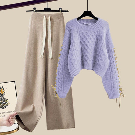 plus size Women's Autumn and Winter suit Women's 2024 New Pullover Knitted Sweater Women's Loose Slimming Wide Leg Pants Two-piece Set