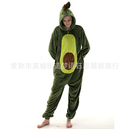 Foreign Trade Hot Style 2025 New Autumn and Winter Flannel Toilet Version Animal Cartoon One-Piece Pajamas Avocado Home Clothes