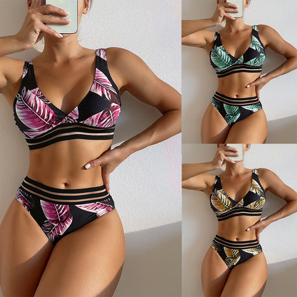 2022 New Leaf Print Bikini Shoulder Webbing Separates Sexy Swimsuit Women's Bikini