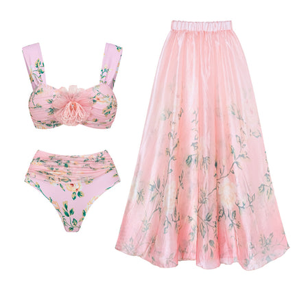 2024 Cross Border Swimsuit New 3D Crystal Flower Decoration Floral Sweet Pink Beach Holiday suit 25088