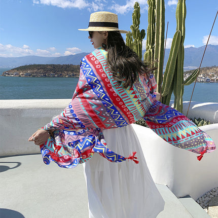 Korean style fresh color line color matching cotton and linen hand scarf ethnic style travel outside shawl sunscreen beach towel