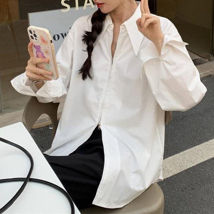 Shirt Women's Design Back Slit Spring Korean Style 2024 New Outer Wear Loose and Chic Long-sleeved Zipper Top
