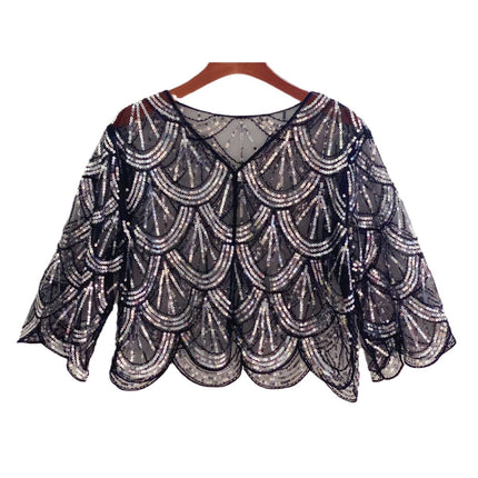 New Sequin Seven-sleeve Small Coat Short Cardigan Cheongsam Outer Waistcoat Small Shawl Waistcoat Ball Thin Shawl Women