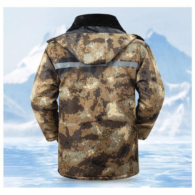 Winter Long-Sleeved Men's Reflective Multi-Functional Camouflage Cotton Jacket with Fleece Lining, Thickened, Mid-Length, Cold-Proof and Waterproof for Cold Storage