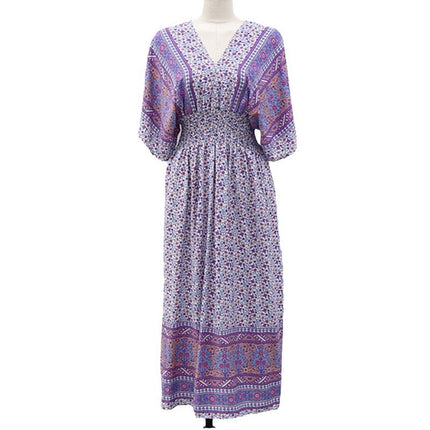 Cross-border ethnic style V-neck cotton silk short-sleeved beach skirt Thailand travel dress summer printed holiday floral skirt