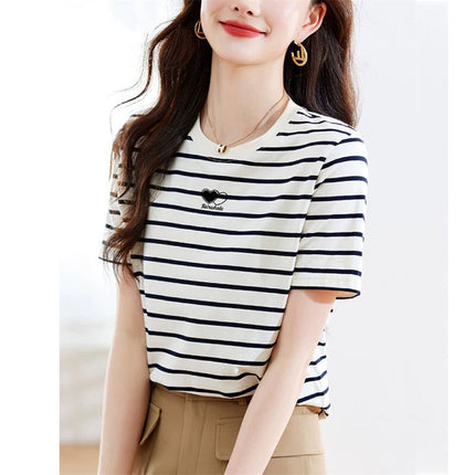 Korean Style Fashionable Half-Sleeved Women's Summer Black and White Stripesd Short-Sleeved T-Shirt Hong Kong Style Stitching Contrasting Color Bottoming Top Ins Half-Sleeved