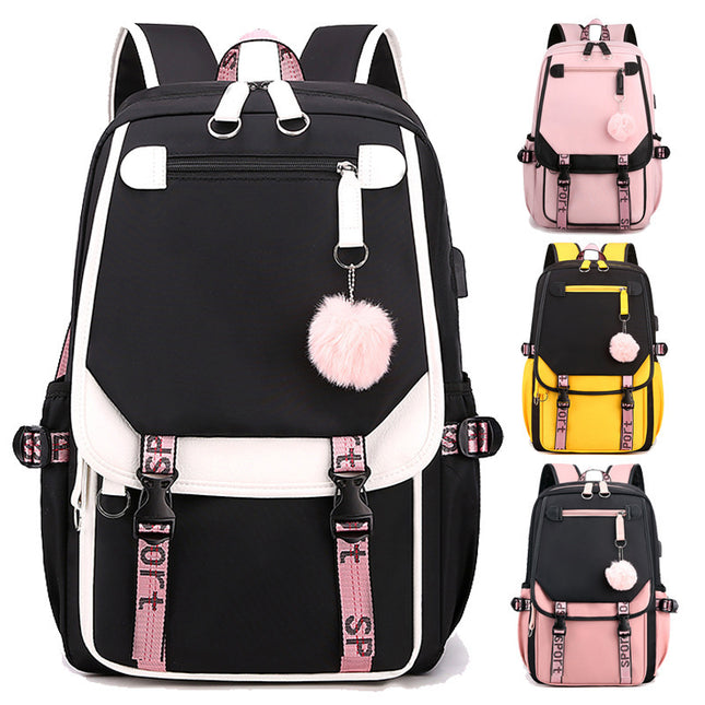 Backpack, Primary School, Middle School and High School Student School Bag, Fur Ball Bag, Multi-Color Selection, Large Capacity Simple Bag, Sports and Leisure Bag