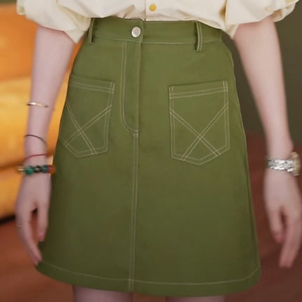 Hong Kong Style Retro Green Skirt Women's 2024 New High Waist A- line Short Skirt