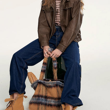 Maillard Leather Coat Women's 2024 Autumn New Fashion American Retro Tooling Elegant Short Coat