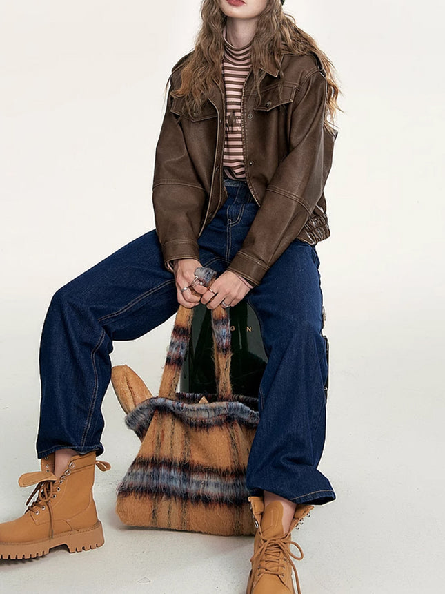 Maillard Leather Coat Women's 2024 Autumn New Fashion American Retro Tooling Elegant Short Coat