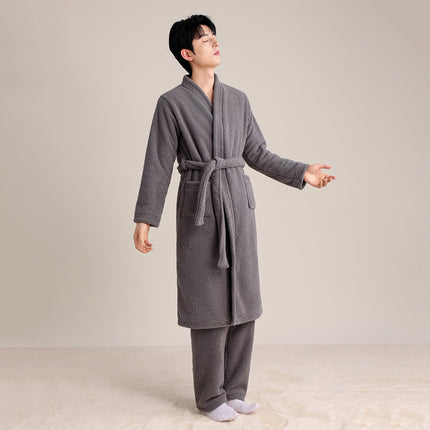 Autumn and Winter Thickened Couple's Robe, Faux Half-Velvet, Diagonal V-Neck, Simple and Elegant, Light Luxury, Warm Bathrobe, Long Style for Men and Women