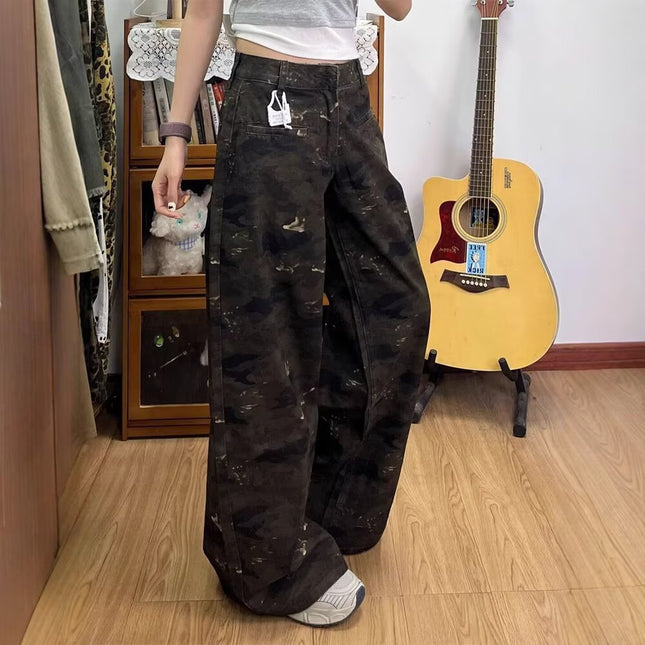 American High Street Retro Camouflage Wide-Leg Jeans for Women, Trendy High-Waisted Loose Slimming Petite Floor-Length Straight Pants