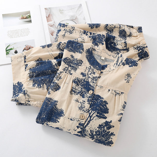 Pajamas Women's Summer Slub Cotton Internet Popular Korean Style Home Clothes Loose Casual Cropped Sleeve Trousers Simple Home Clothes