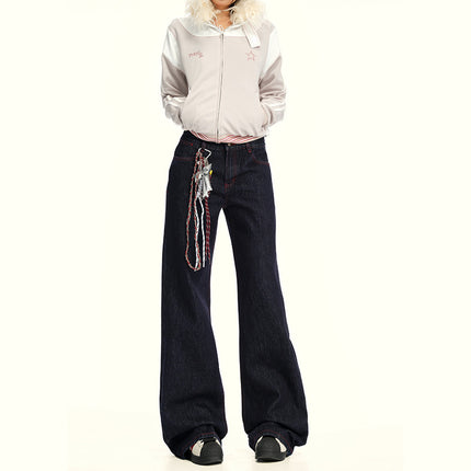 Retro Versatile Red Line Design Slim Wide-Leg Jeans Loose Straight Floor-Length Pants for Autumn 2025 by Li She
