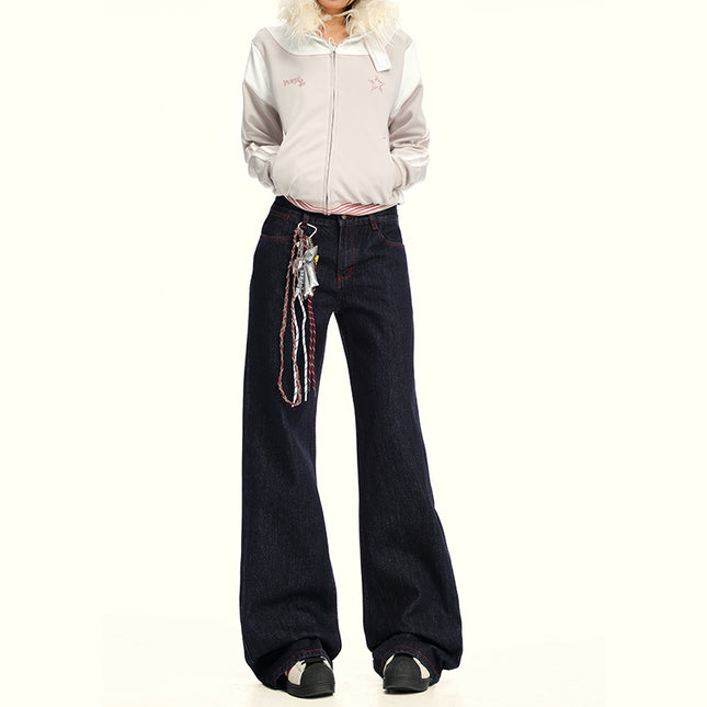Retro Versatile Red Line Design Slim Wide-Leg Jeans Loose Straight Floor-Length Pants for Autumn 2025 by Li She