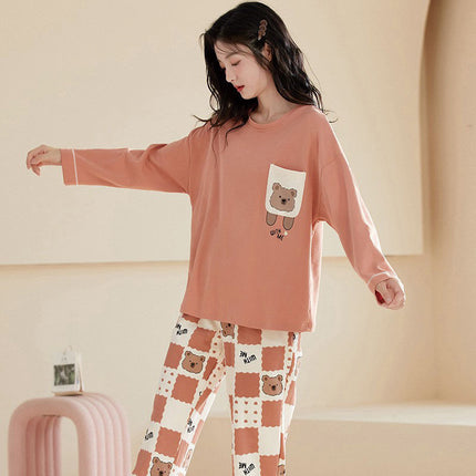 Cute Style Pajamas Women's Spring and Autumn New Cotton Round Neck Long Sleeve Trousers Korean Style Girl's Student Home Clothes suit