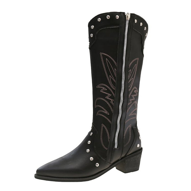 Retro Pointed Toe Thick Heel Western Cowboy Boots for Women 2025 New Side Zipper Rivet Embroider V-Mouth High Knight Boots