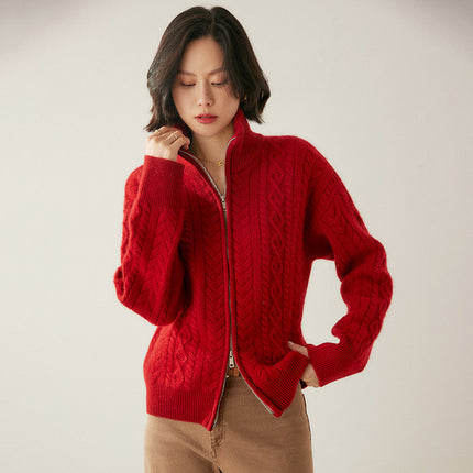 Stand Collar Five-Pin Thickened Cable Heavy Cashmere Cardigan Women's Retro Zipper Long-Sleeved Sweater