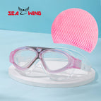 Pink and gray suit [swimming goggles + water drop swimming cap