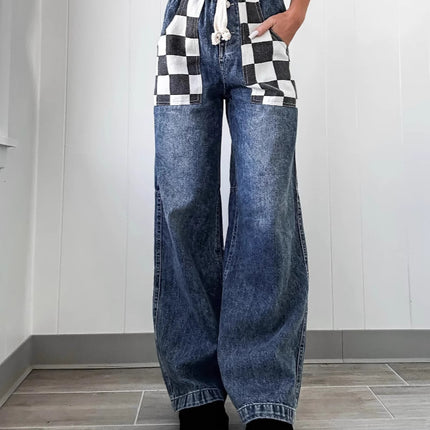 2026 European and American Cross-Border Spring New Products, Fashionable Casual Loose Plaid Contrasting Color Women's Denim Pants 8959