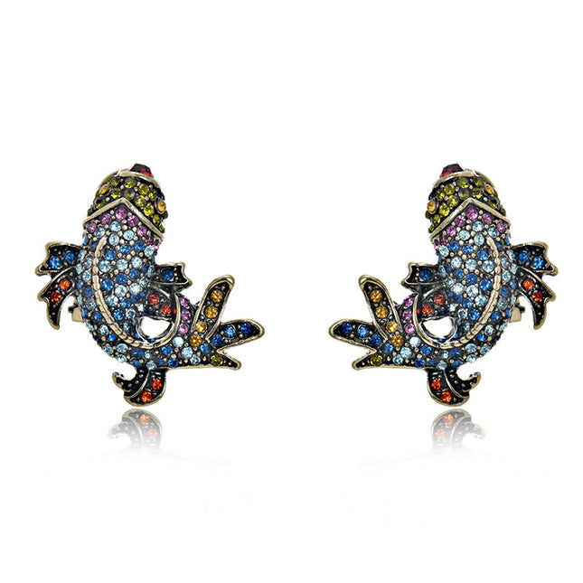 Cross-Border Medieval Vintage Koi Full Diamond Earring Clip French Retro S925 Silver Needle Marking Hd Goldfish Earrings