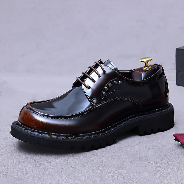 Men's Genuine Leather Business Formal Loafers with Thick Soles, Breathable Derby Shoes with a Glossy Finish