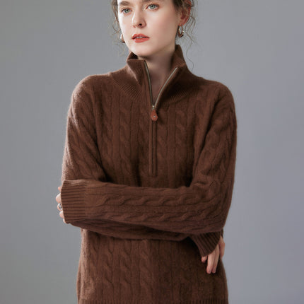 Autumn and Winter New Cashmere Sweater for Women, Loose Slimming Half-Zip Crew Neck Cable Knit Thick Sweater Trendy
