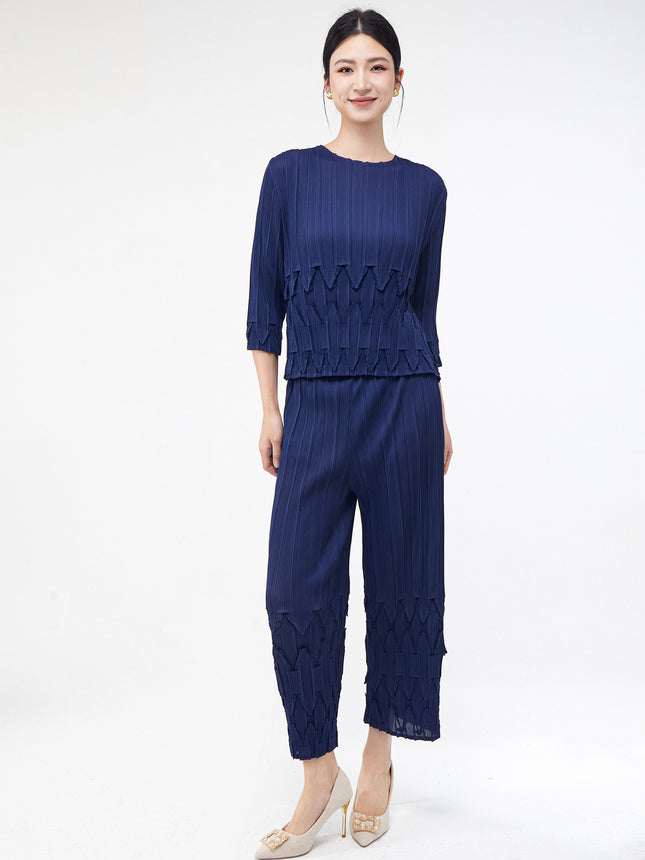 Women's Spring Women's Suits, High-End Pleated Clothes, a Complete Set of T-Shirts, Tops, Straight Pants, Miyake Two-Piece Set