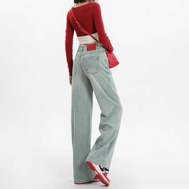 American Retro Light-Colored Embroidered Jeans for Women, Autumn Straight Loose Floor-Length High-Waisted Drape Narrow Pants