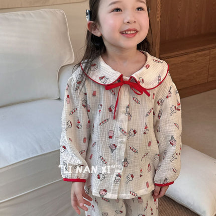 Princess Style Children's Lapel A-Class Cartoon Loungewear Set 2026 Spring New Baby Sweet and Cute Pajamas and Sleep Pants