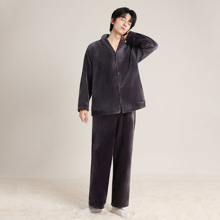 Couple's Autumn and Winter Thickened Pajamas with Green Fruit Collar, Simple and Luxurious Men's and Women's Cardigans, Double-Sided Velvet Warm Home Clothes Two-Piece Set
