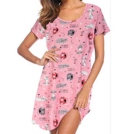 2025 European and American Amazon Spring and Summer New Short-Sleeved Cartoon Printed Nightgown Home Wear Women's Casual Style Dress