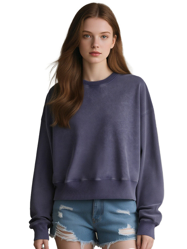 400g Cotton Retro Dye-Washed Short Round-Neck Sweatshirt Crop Top for Women, European and American Style, Autumn and Winter Top