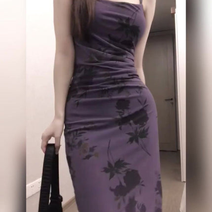 Purple Floral French Style Royal Sister Purple Suspender Dress Women's Summer Rose Print Slim Hip Skirt Long Skirt