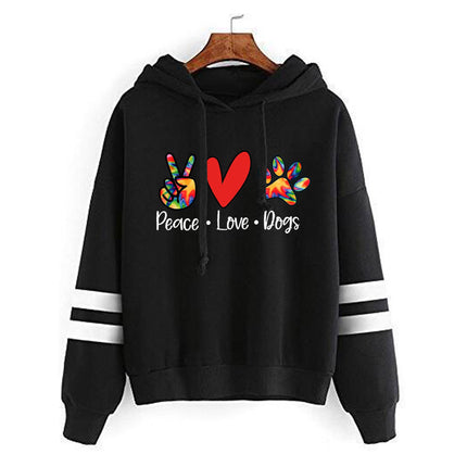 Scissors Hand Love Dog Feet Peace Love Dogs Printed Parallel Bars Striped Sweatshirt Autumn and Winter European and American Men and Women