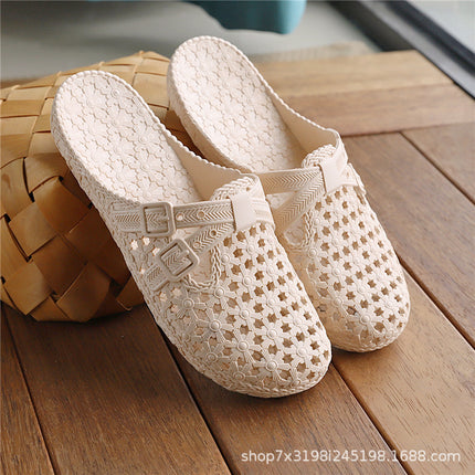 Non-slip Slippers Summer Flat Bottom Baotou Hole Bathroom Middle-aged and Elderly Anti-fall Hollow Soft Bottom Beach Fashion Home