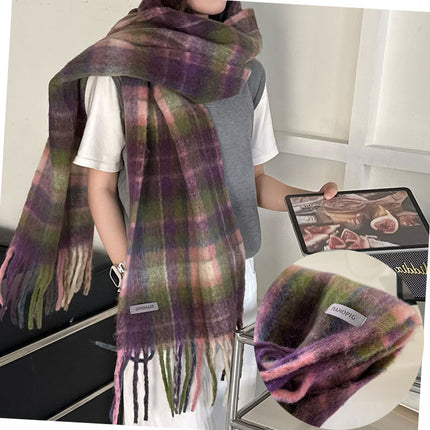 Lavender Purple and Green Wool Blend Plaid Scarf for Women, Winter Korean Style, Versatile and Warm Neck Warmer Trendy