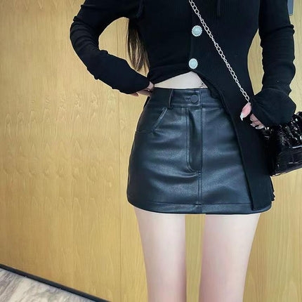 Black Leather Skirt Autumn and Winter 2024 New Pants Skirt Little Black Skirt Sexy High Waist Sexy Short Skirt pu