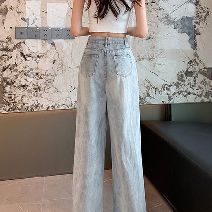 2025 New Light Blue Ripped Jeans for Women Summer Thin High Waist Loose Wide Leg Straight Floor Mopping Pants