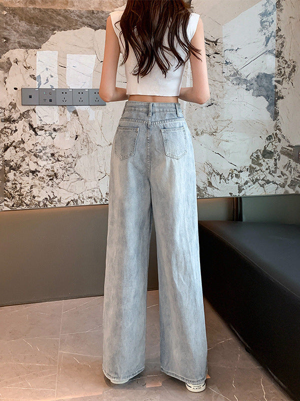2025 New Light Blue Ripped Jeans for Women Summer Thin High Waist Loose Wide Leg Straight Floor Mopping Pants