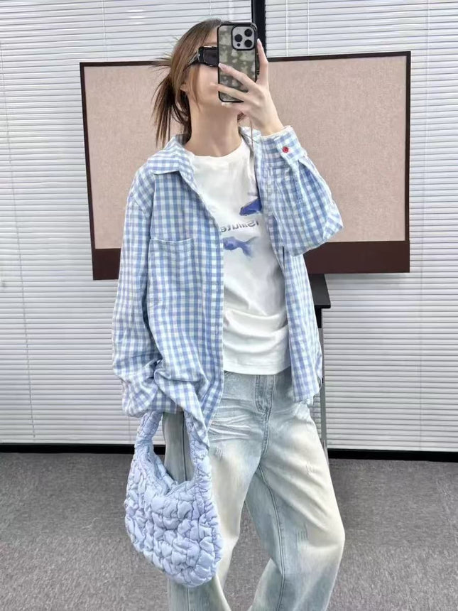 Japanese Style Sweet Cream Blue and White Plaid Shirt Women's Spring New Pleated Design Sense Outer Wear Shirt Coat Top