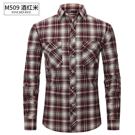 Spring and Summer Slim Amazon Fashion Brushed Plaid High-End Long-Sleeved Double Pocket Flannel Men's Shirt