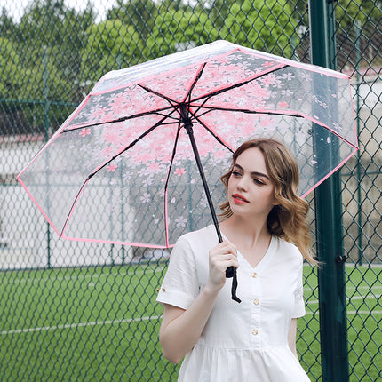 Fully Automatic Folding Plastic Transparent Cherry Blossom Umbrella for Women, Long Handle Apollo Style, Fresh and Simple, for Children, Students, Performances, Wholesale
