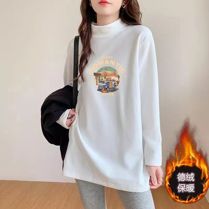 Women's Fleece Base Shirt with Shark Pants Autumn and Winter Design Sense Loose White Half-high Collar Long-sleeved T-shirt