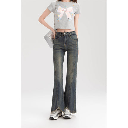 Rust Design Sense Micro-flare Jeans Women's 2025 Spring New High Waist Elastic Slim-fit Horseshoe Pants